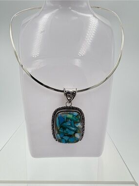 925 Sterling Silver Copper Blue Turquoise Mosaic Gemstone Pendant Slide Necklace